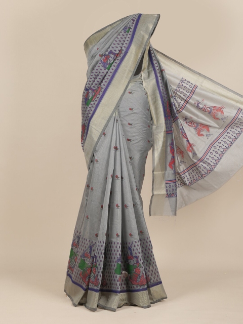 

Pothys Grey & Green Ethnic Motifs Zari Pure Cotton Saree