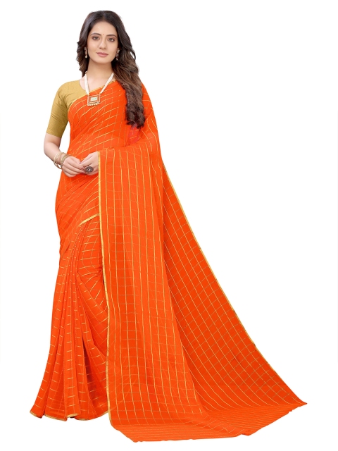 

KALINI Orange & Gold-Toned Checked Pure Chiffon Saree