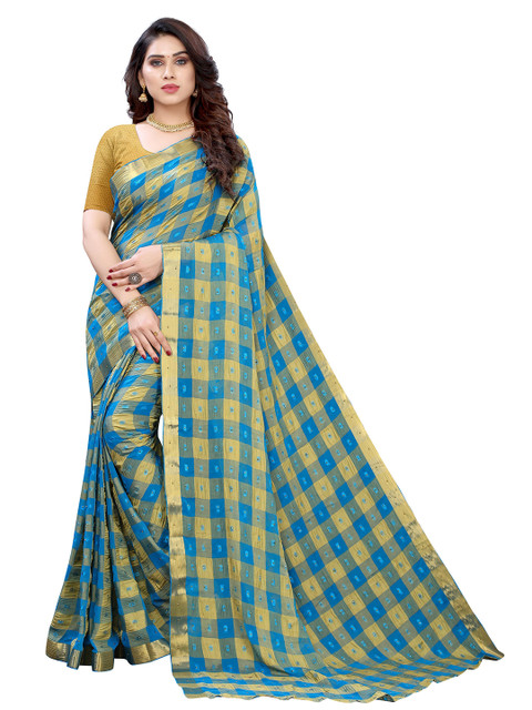 

KALINI Blue & Gold-Toned Checked Zari Pure Chiffon Saree