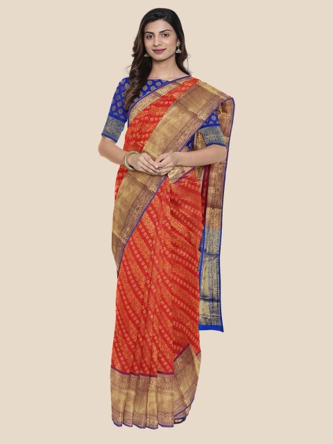 Kalamandir Red & Blue Woven Design Silk Blend Banarasi Saree