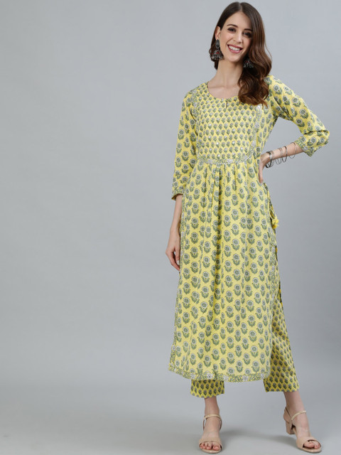 

Ishin Women Yellow Ethnic Motifs Printed Pleated Pure Cotton Kurti with Trousers