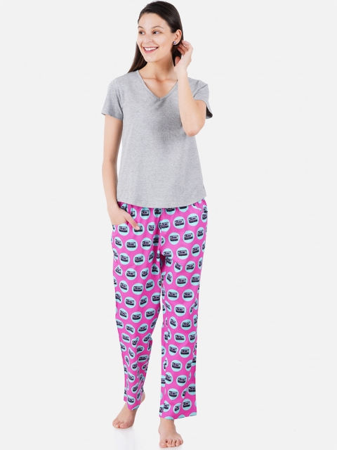 

Smugglerz Women Grey & Purple Pure Cotton Night Suit