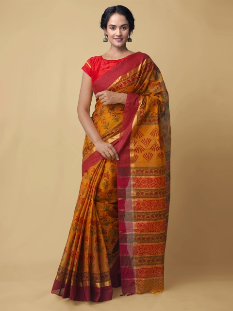 

Unnati Silks Orange & Gold-Toned Floral Pure Cotton Mangalagiri Saree