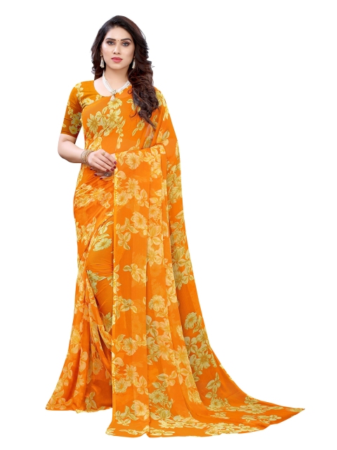 

KALINI Orange & Yellow Floral Pure Chiffon Saree