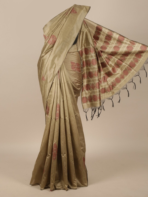 

Pothys Tan & Maroon Ethnic Motifs Jute Silk Saree