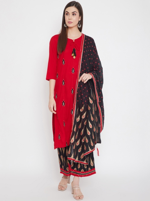 

Prakhya Women Red & Black Ethnic Motifs Printed Kurta with Palazzos & Dupatta