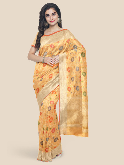 

Kalamandir Orange & Blue Ethnic Motifs Zari Banarasi Saree
