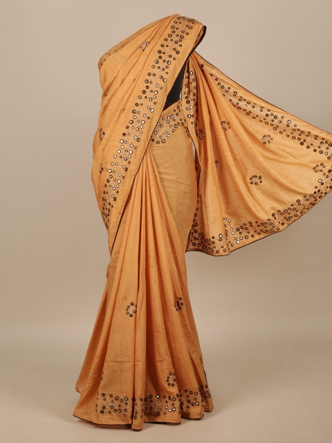 

Pothys Peach & Brown Embellished Mirror Work Jute Silk Saree