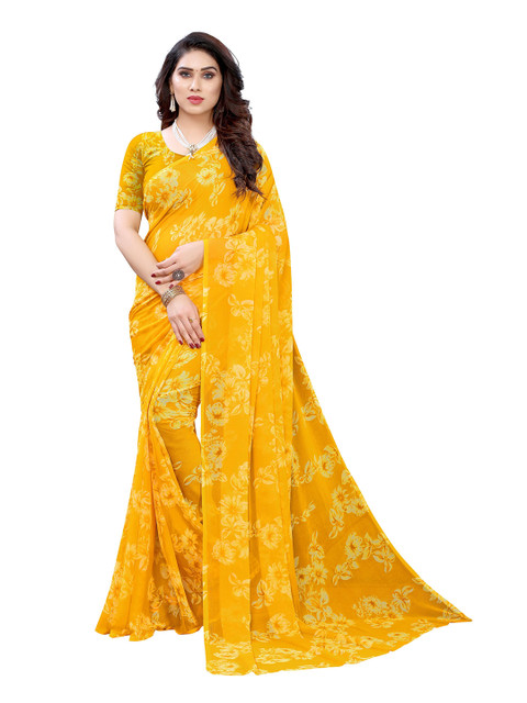 

KALINI Yellow & White Floral Pure Chiffon Saree