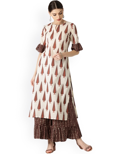 

Libas Women White & Brown Floral Printed Pure Cotton Kurta With Palazzos