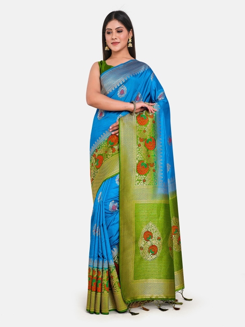 

MIMOSA Blue & Green Woven Design Zari Art Silk Kanjeevaram Saree