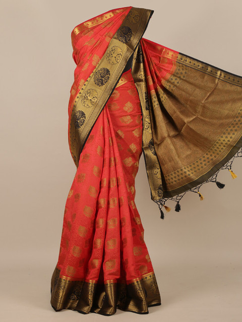 

Pothys Red Ethnic Motifs Zari Jute Silk Saree