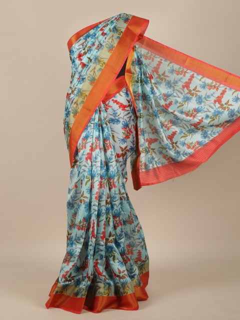 

Pothys Blue & Orange Floral Cotton Blend Saree