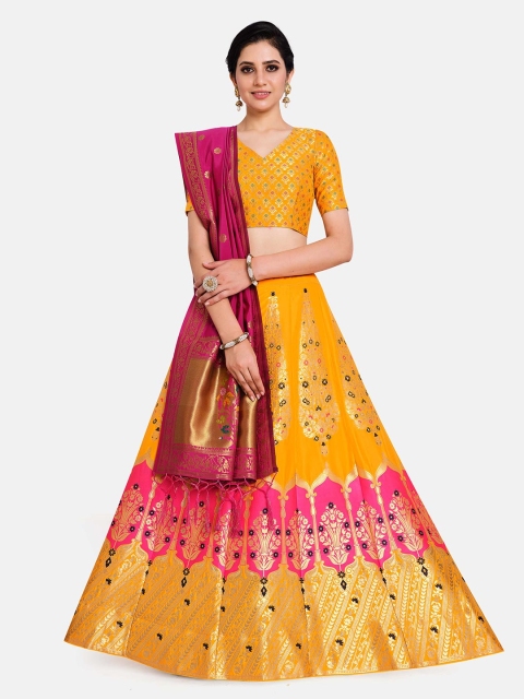 

MIMOSA Women Yellow & Pink Semi-Stitched Lehenga & Unstitched Blouse With Dupatta
