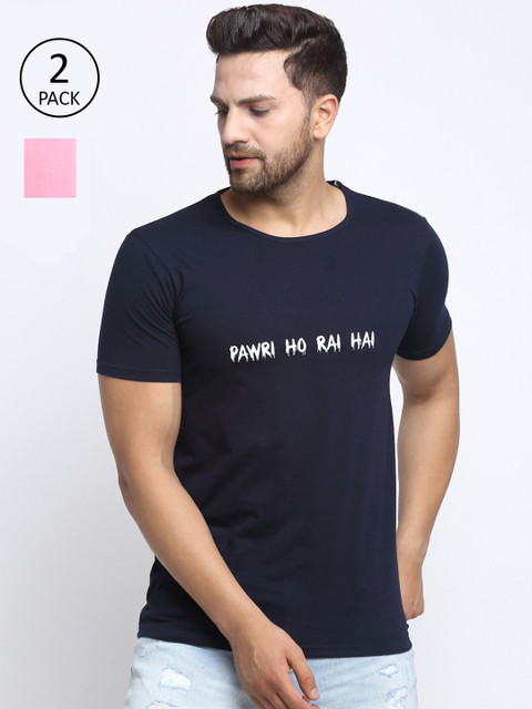 

VIMAL JONNEY Men Pack of 2 Navy Blue & Pink Typography Printed T-shirts