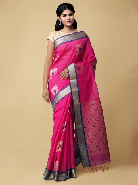 

Unnati Silks Pink Ethnic Motifs Zari Silk Cotton Baluchari Saree