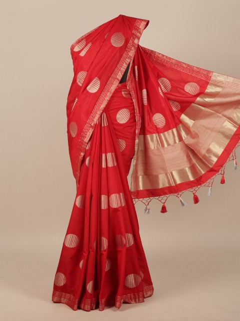 

Pothys Red & Gold Woven Design Jute Silk Saree With Tasseled Pallu