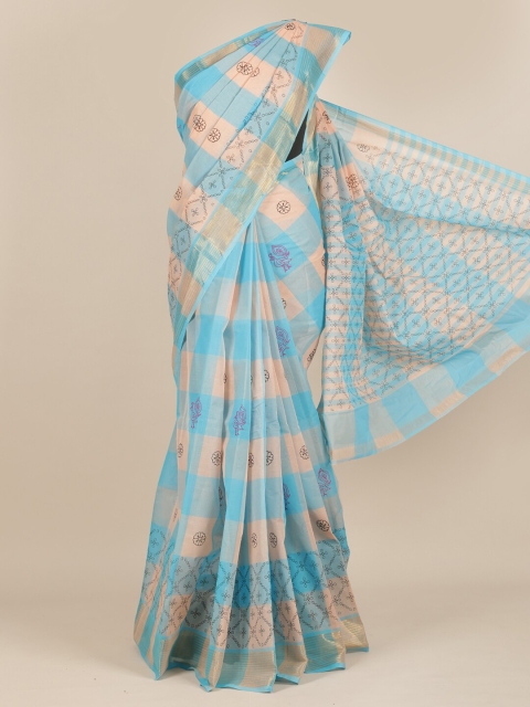 

Pothys Blue & Peach-Coloured Checked Zari Pure Cotton Saree