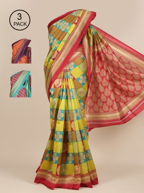 

Pothys Pack Of 3 Ethnic Motifs Jute Silk Saree, Blue