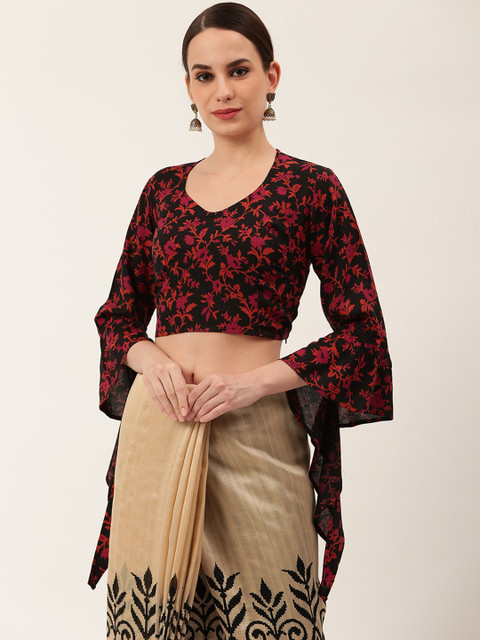 

Rustorange Women Black & Red Floral Printed Saree Blouse