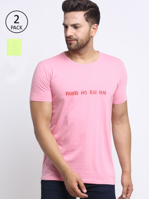 

VIMAL JONNEY Men Pink Typography Printed Applique T shirt Pack of 2