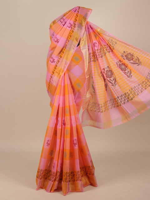

Pothys Pink & Orange Checked Zari Pure Cotton Saree
