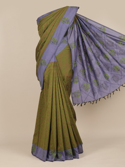 Pothys Green & Purple Floral Pure Cotton Block Print Saree