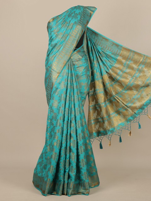 

Pothys Turquoise Blue & Gold-Toned Woven Design Jute Silk Saree With Tasseled Pallu