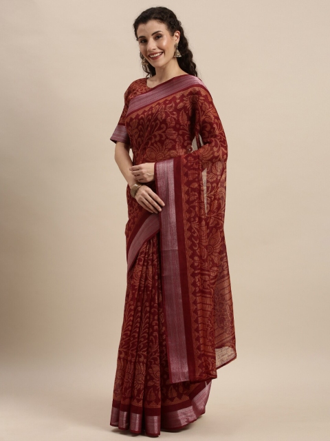 

Kvsfab Maroon & Yellow Floral Zari Saree