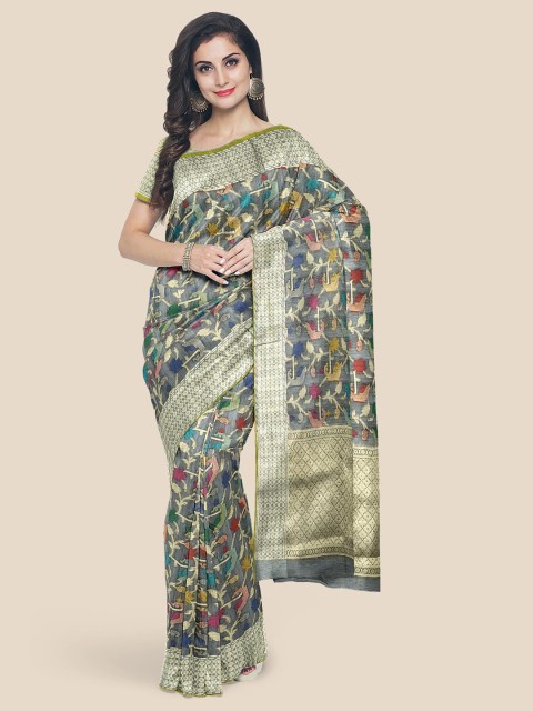 

Kalamandir Grey & Green Floral Zari Banarasi Saree