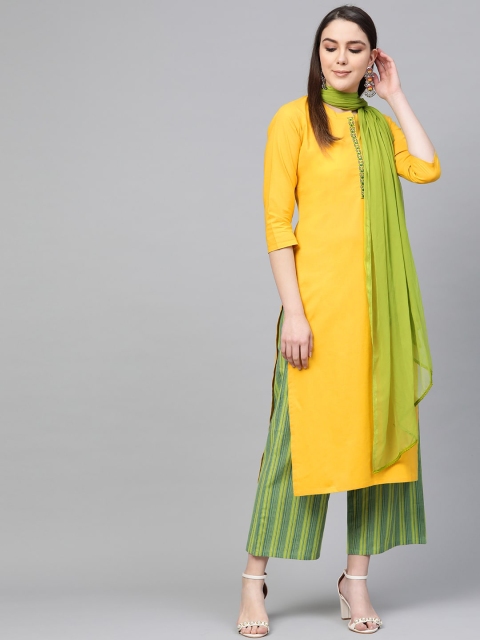 

Libas Women Yellow Striped Pure Cotton Kurta with Palazzos & Dupatta