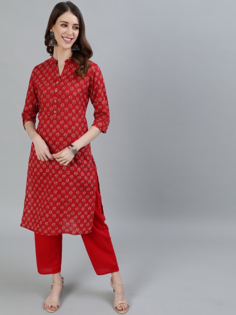 

Ishin Women Red Ethnic Motifs Printed Pure Cotton Kurta with Trousers