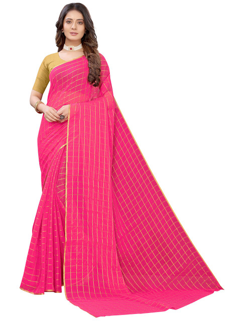 

KALINI Magenta & Gold-Toned Checked Zari Pure Chiffon Saree