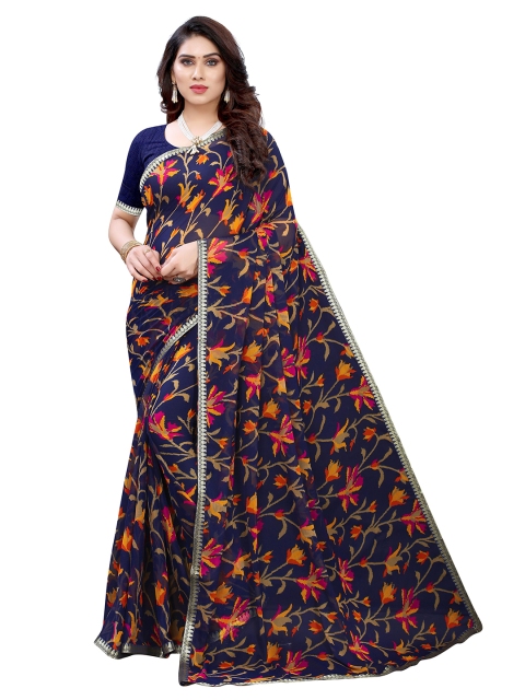 

KALINI Navy Blue & Yellow Floral Pure Chiffon Saree