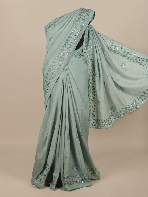 

Pothys Sea Green Embellished Mirror Work Jute Silk Saree