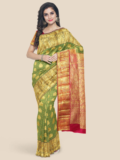 

Kalamandir Green & Gold-Toned Floral Zari Silk Blend Kanjeevaram Saree