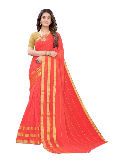 

KALINI Orange & Gold Striped Pure Chiffon Saree