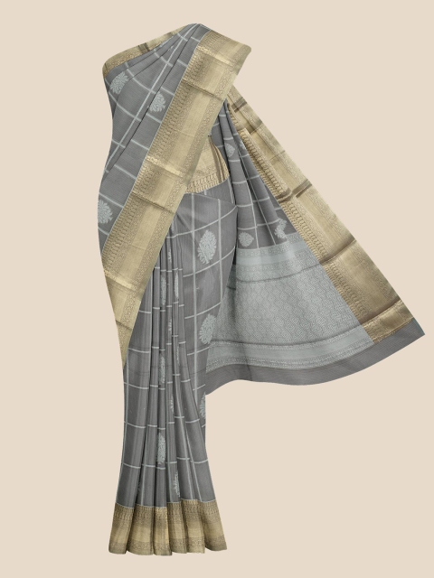 

Kalamandir Grey & Gold-Toned Checked Zari Pure Cotton Saree