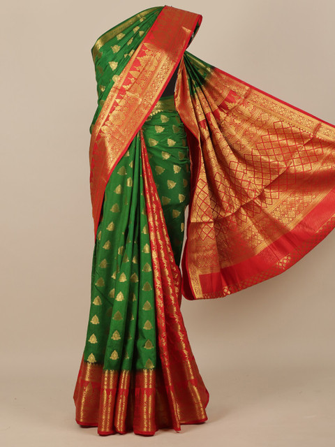 

Pothys Green & Red Woven Design Zari Jute Silk Half and Half Saree