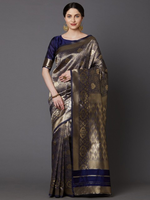 

Saree mall Navy Blue & Gold-Toned Woven Design Zari Silk Blend Banarasi Sarees