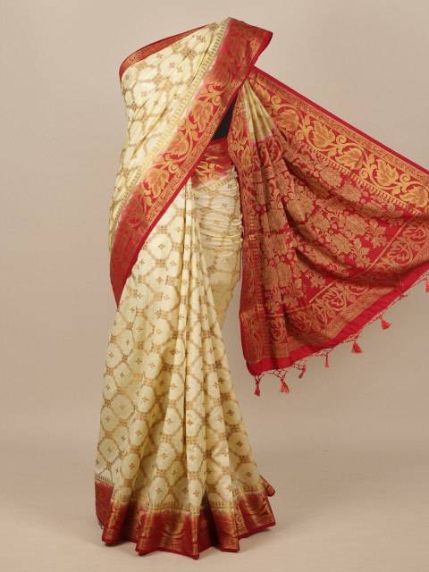 

Pothys Cream & Red Woven Design Zari Jute Silk Saree