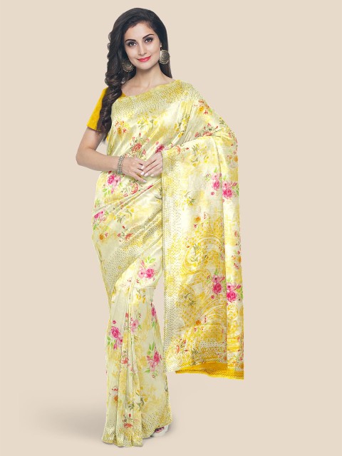

Kalamandir Yellow & Pink Floral Beads and Stones Silk Blend Saree