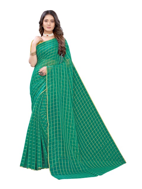 

KALINI Green & Gold-Toned Striped Pure Chiffon Saree
