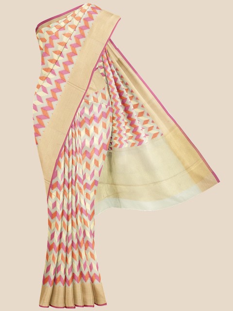 

KLM Fashion Mall Cream & Pink Striped Pure Cotton Saree