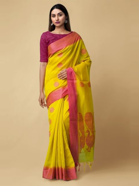 

Unnati Silks Yellow & Pink Woven Design Silk Cotton Baluchari Saree