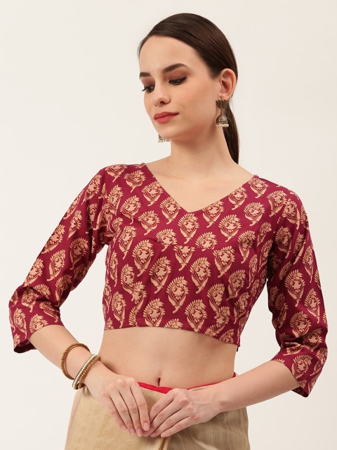 

Rustorange Women Maroon & Beige Floral Printed Saree Blouse