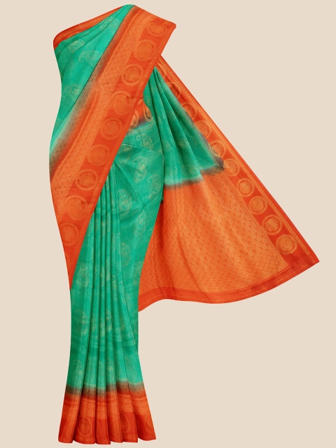 

KLM Fashion Mall Women Green & Orange Floral Zari Silk Blend Banarasi Saree