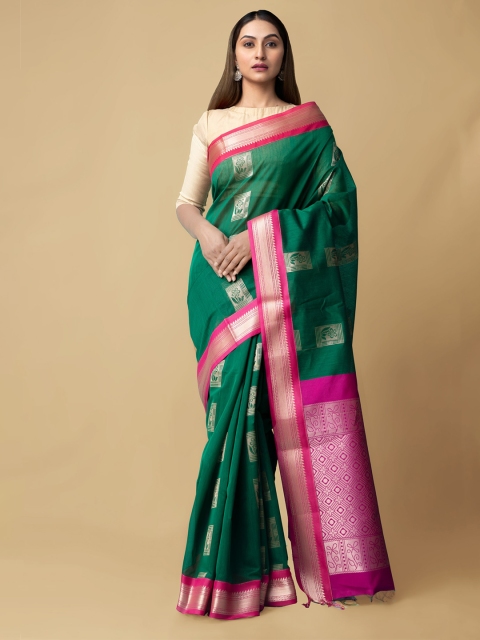 

Unnati Silks Green & Pink Ethnic Motifs Zari Silk Cotton Baluchari Handloom Saree