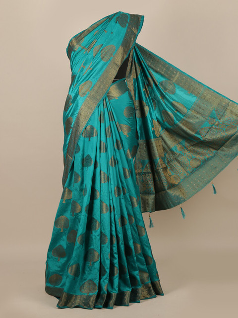 

Pothys Turquoise Blue & Gold-Toned Floral Zari Jute Silk Saree