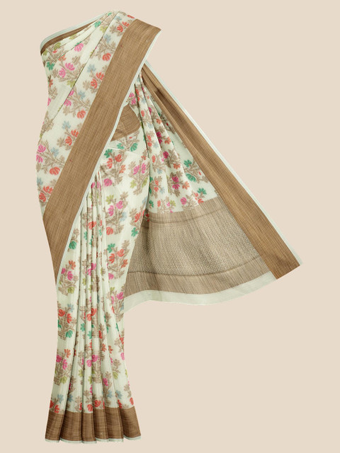

KLM Fashion Mall Cream & Brown Floral Pure Cotton Saree